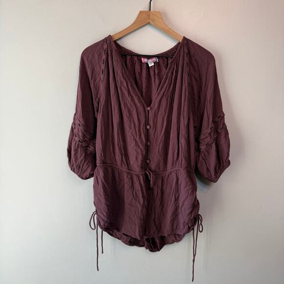 Urban Outfitters Women's 3/4 Sleeve Romper Ruched Side Brown Size Medium - Picture 1 of 8